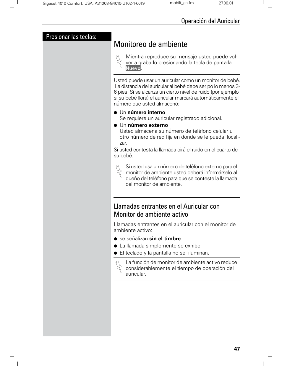 Monitoreo de ambiente, Presionar las teclas: operación del auricular | Siemens Gigaset 4210 User Manual | Page 124 / 153