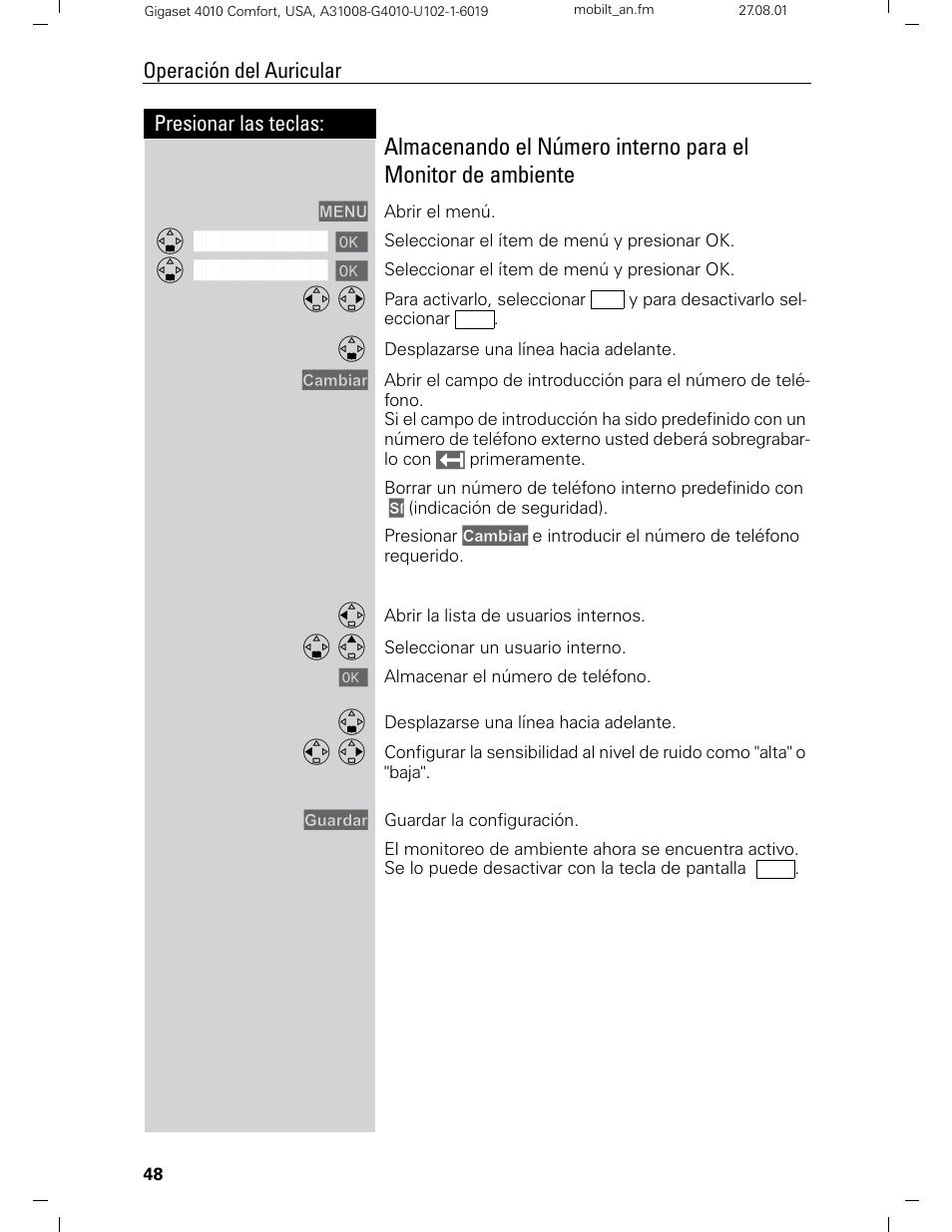 Presionar las teclas: operación del auricular | Siemens Gigaset 4210 User Manual | Page 125 / 153