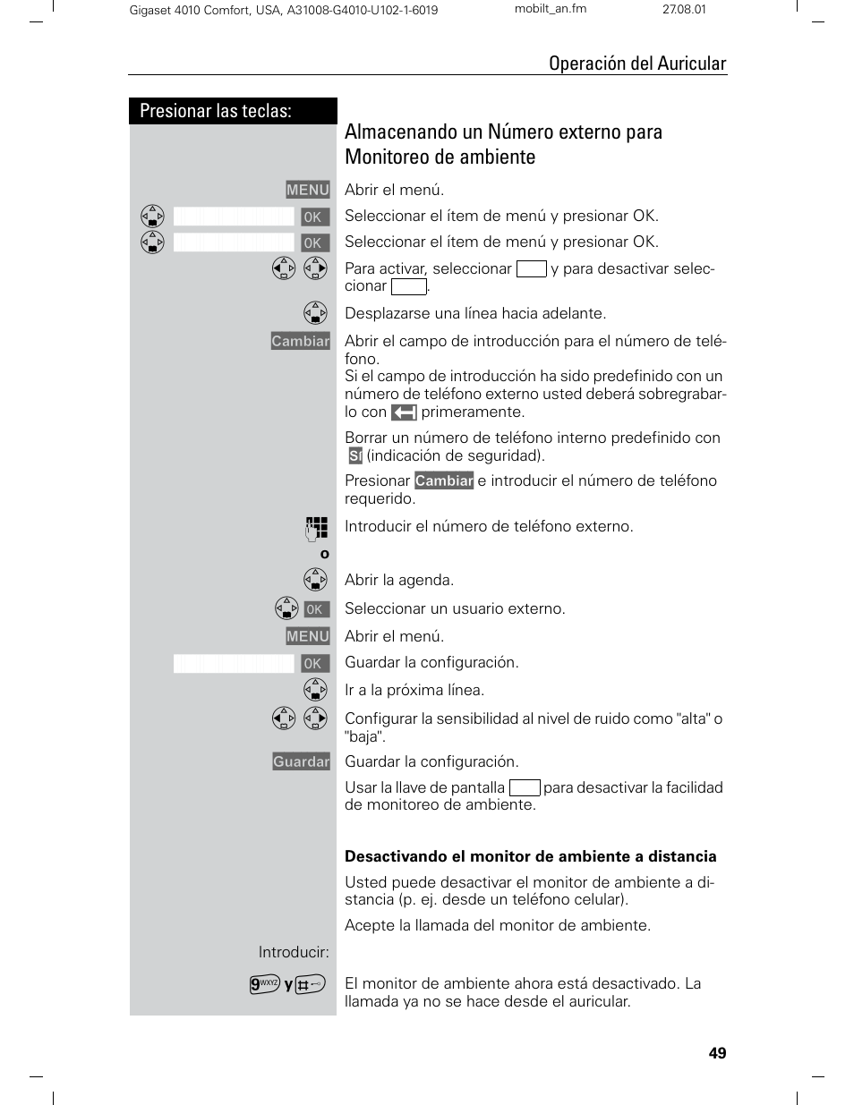 Presionar las teclas: operación del auricular | Siemens Gigaset 4210 User Manual | Page 126 / 153