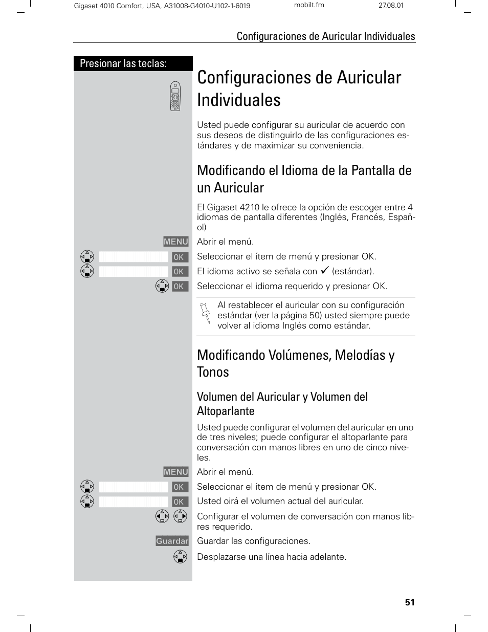 Configuraciones de auricular individuales, Modificando volúmenes, melodías y tonos, Volumen del auricular y volumen del altoparlante | Siemens Gigaset 4210 User Manual | Page 128 / 153