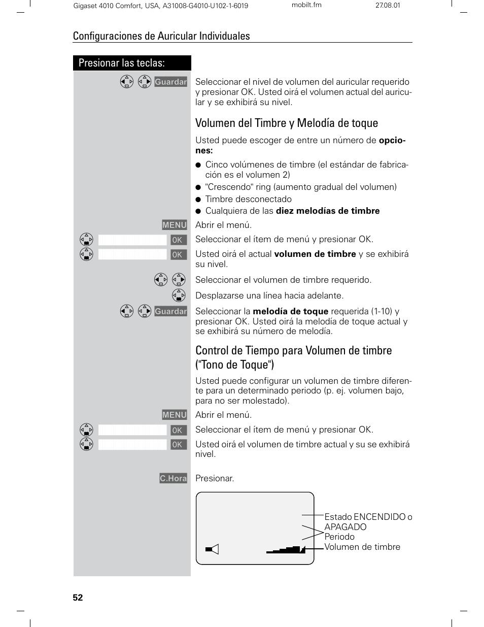 Volumen del timbre y melodía de toque | Siemens Gigaset 4210 User Manual | Page 129 / 153