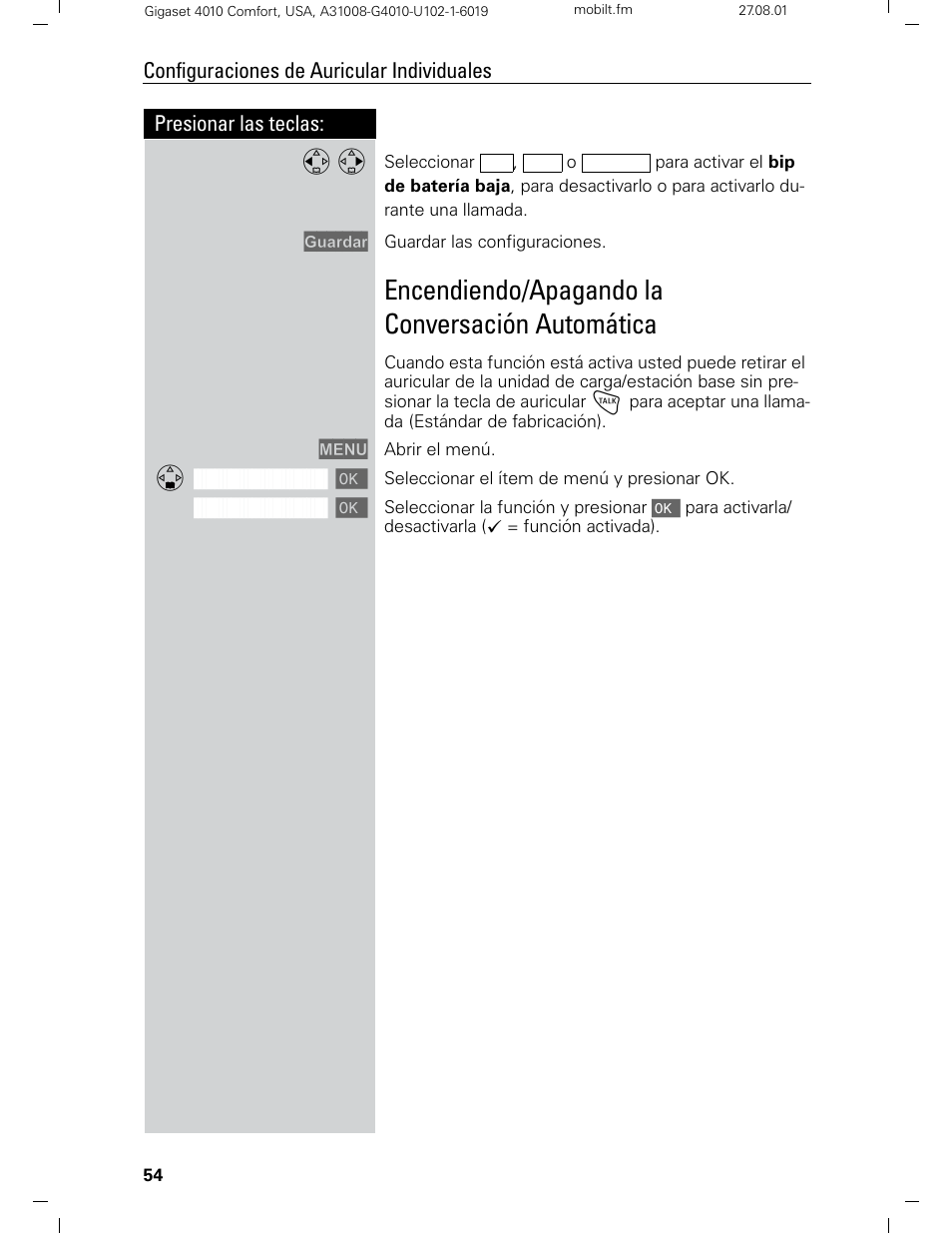 Encendiendo/apagando la conversación automática | Siemens Gigaset 4210 User Manual | Page 131 / 153