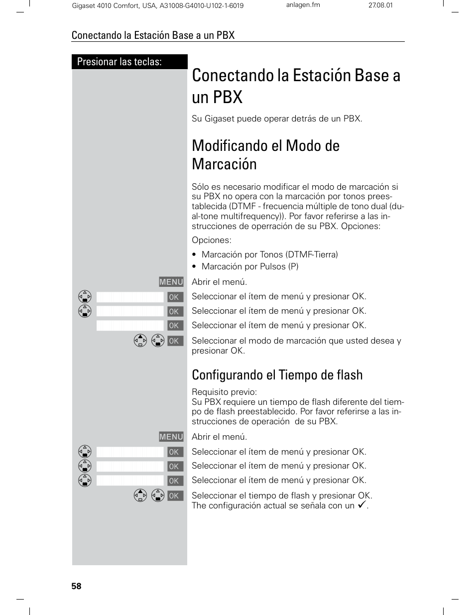 Conectando la estación base a un pbx, Modificando el modo de marcación, Configurando el tiempo de flash | Siemens Gigaset 4210 User Manual | Page 135 / 153