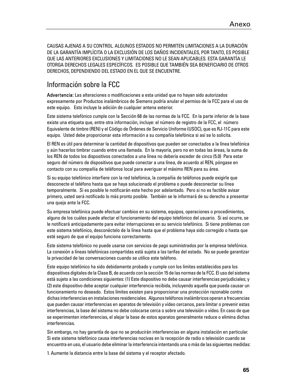 Información sobre la fcc, Anexo | Siemens Gigaset 4210 User Manual | Page 142 / 153