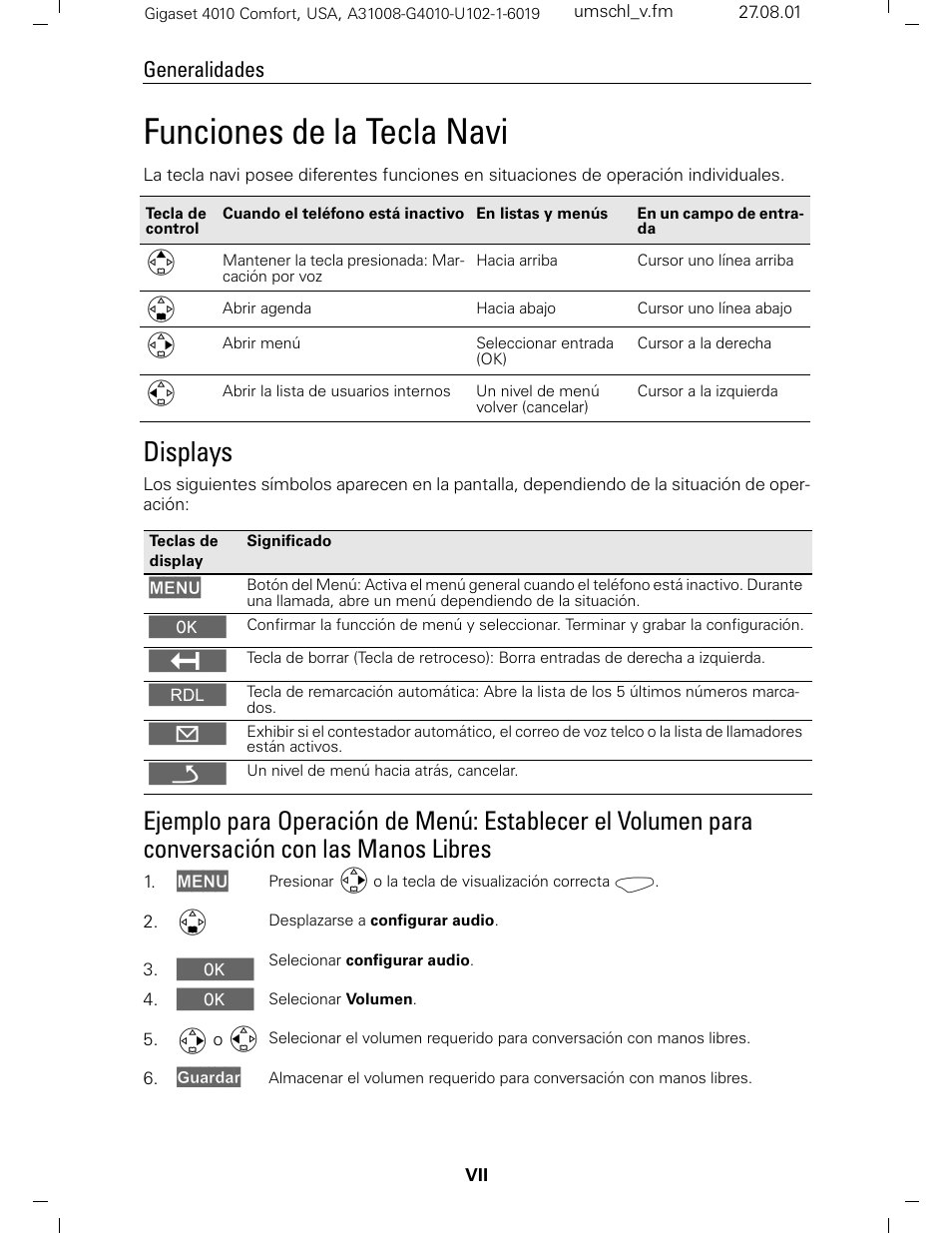 Funciones de la tecla navi, Displays, Generalidades | Siemens Gigaset 4210 User Manual | Page 152 / 153