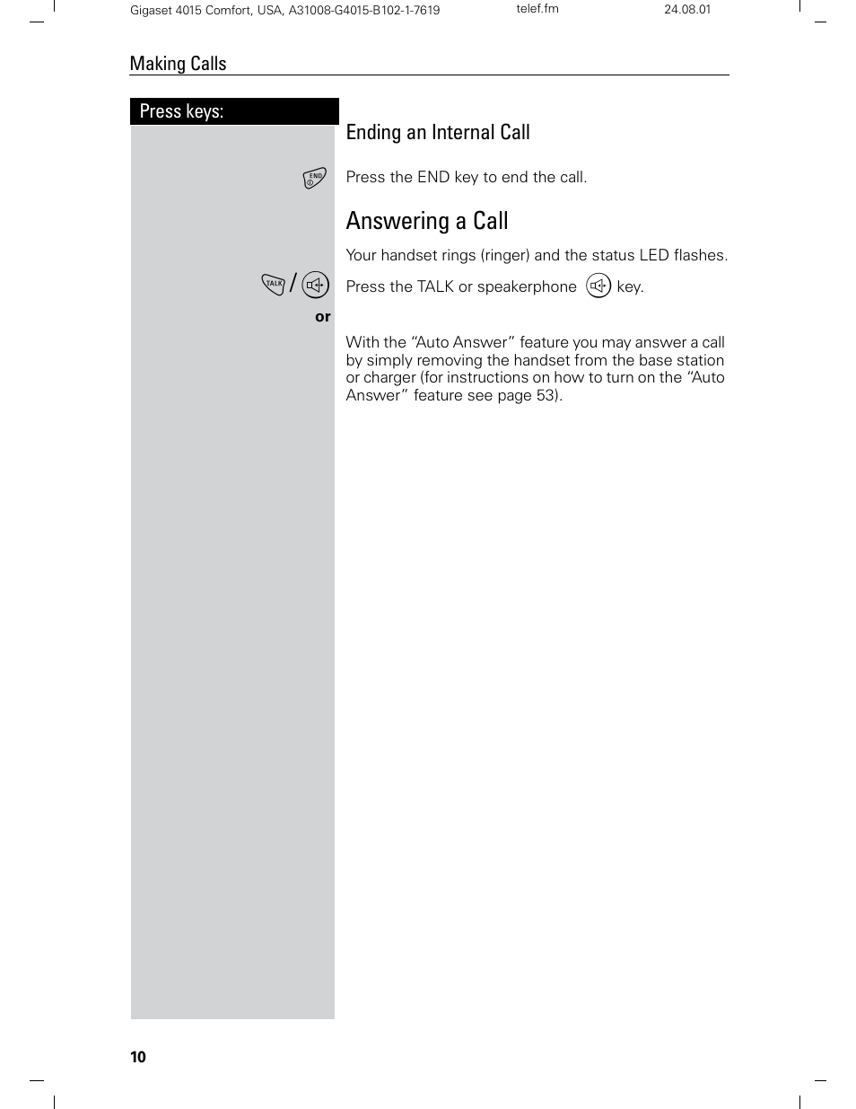 Answering a call | Siemens Gigaset 4210 User Manual | Page 16 / 153