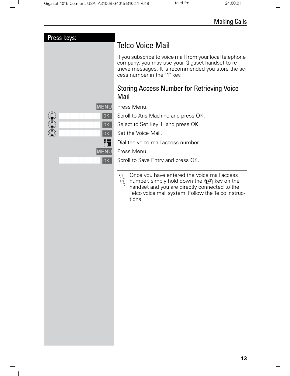 Telco voice mail, Storing access number for retrieving voice mail | Siemens Gigaset 4210 User Manual | Page 19 / 153
