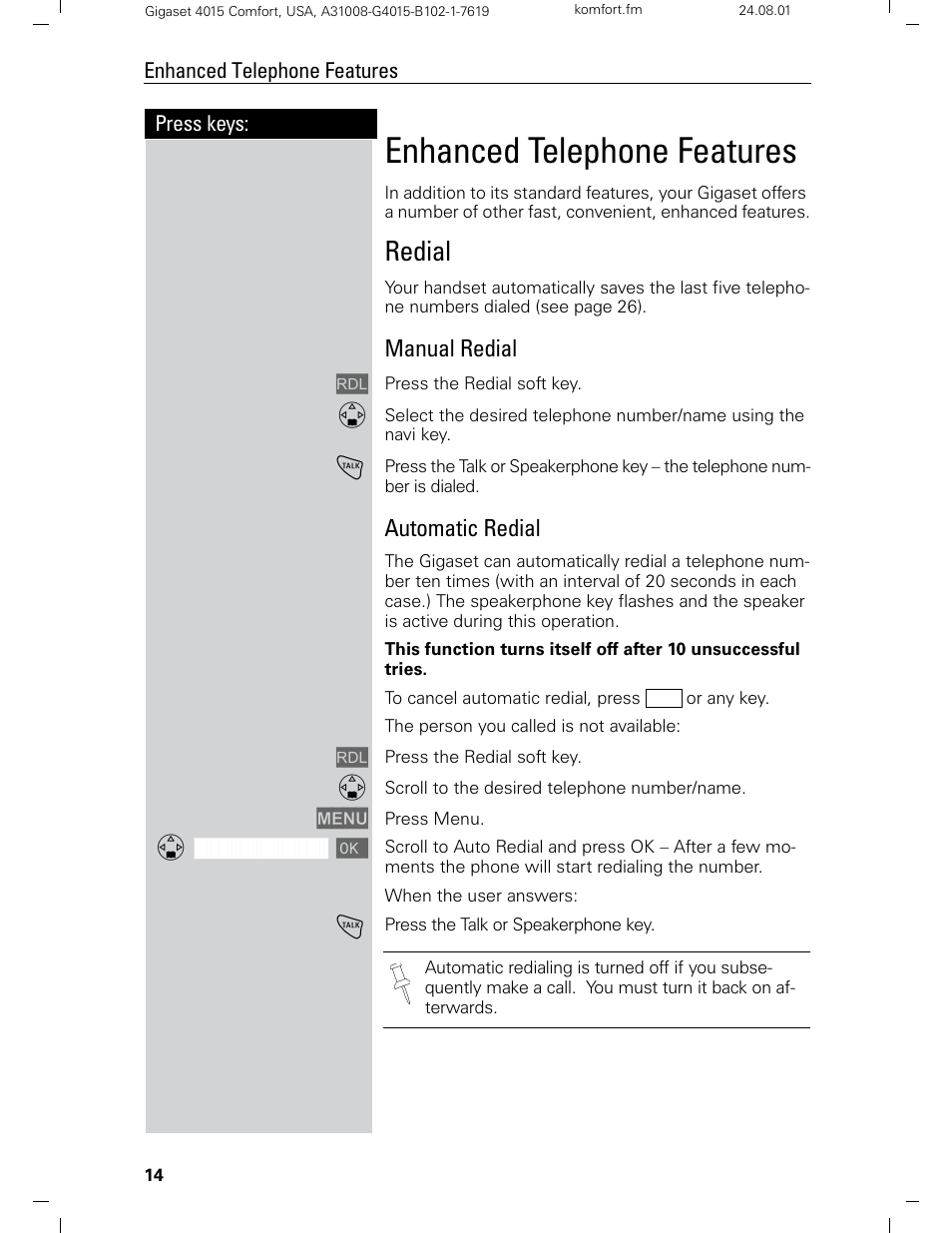 Enhanced telephone features, Redial, Manual redial | Automatic redial | Siemens Gigaset 4210 User Manual | Page 20 / 153