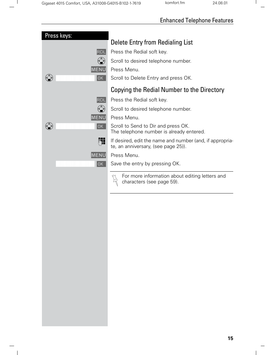 Delete entry from redialing list, Copying the redial number to the directory | Siemens Gigaset 4210 User Manual | Page 21 / 153