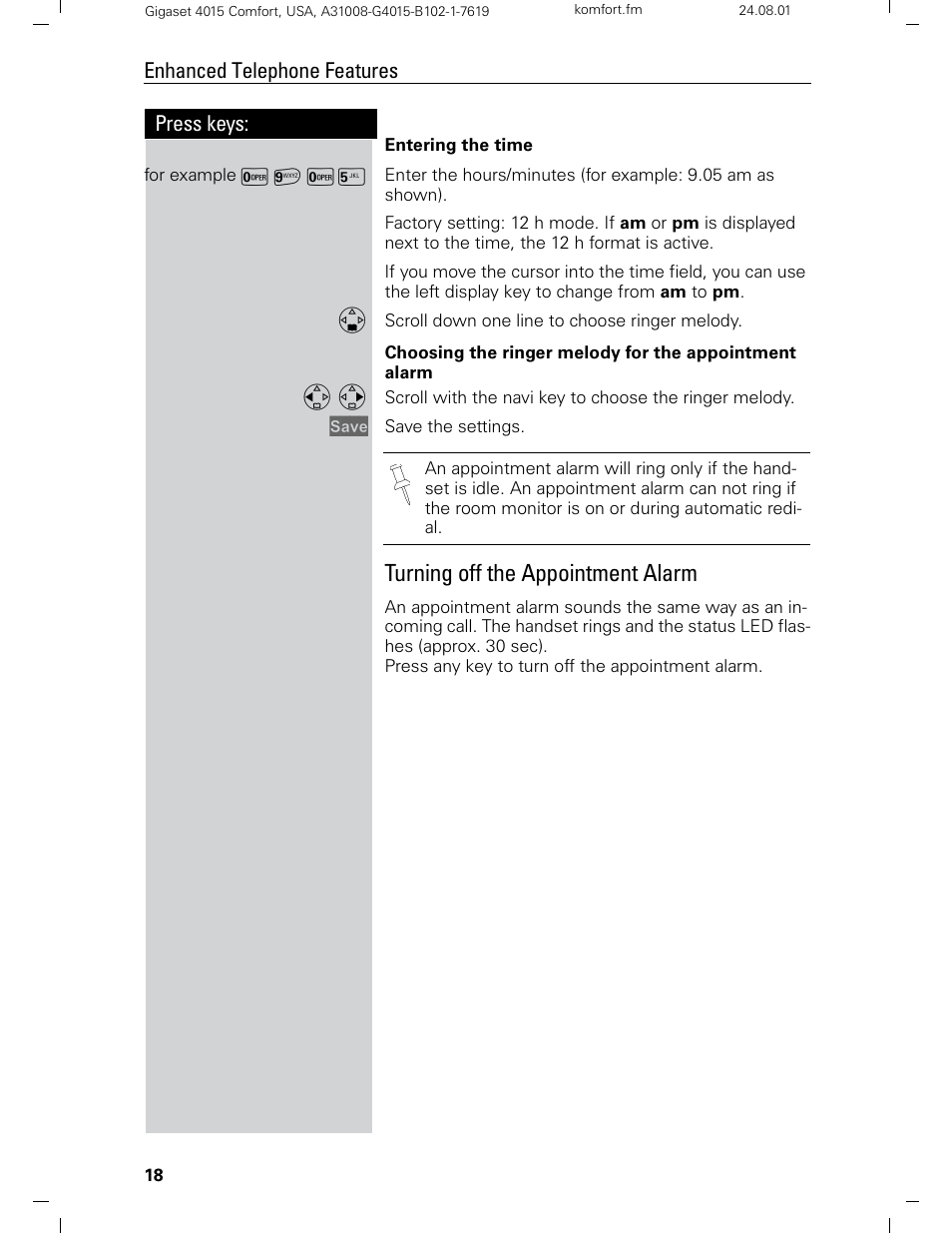 Turning off the appointment alarm, Press keys: enhanced telephone features | Siemens Gigaset 4210 User Manual | Page 24 / 153