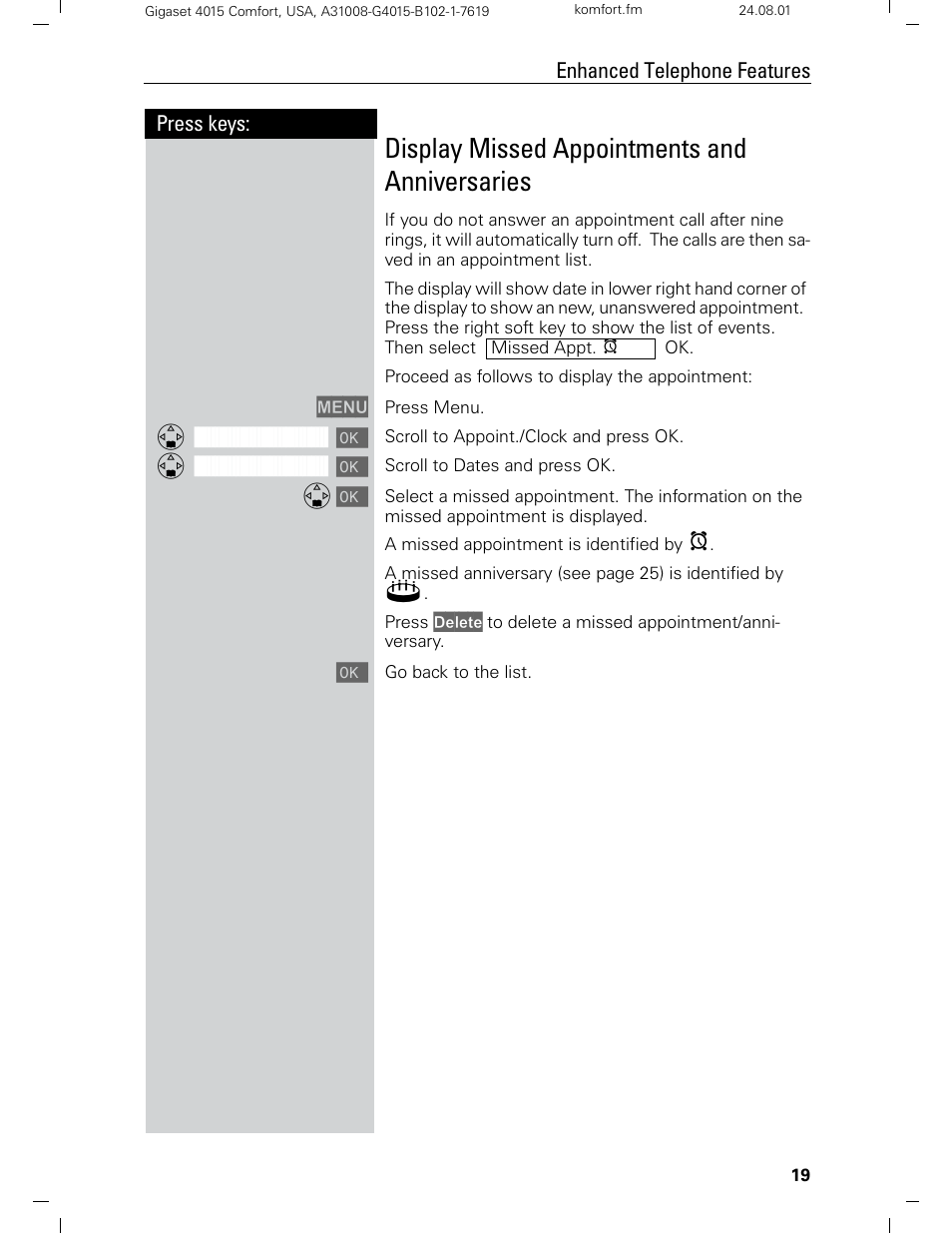 Display missed appointments and anniversaries | Siemens Gigaset 4210 User Manual | Page 25 / 153