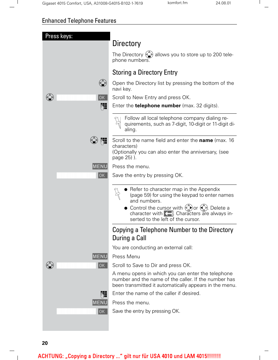 Directory, Storing a directory entry | Siemens Gigaset 4210 User Manual | Page 26 / 153