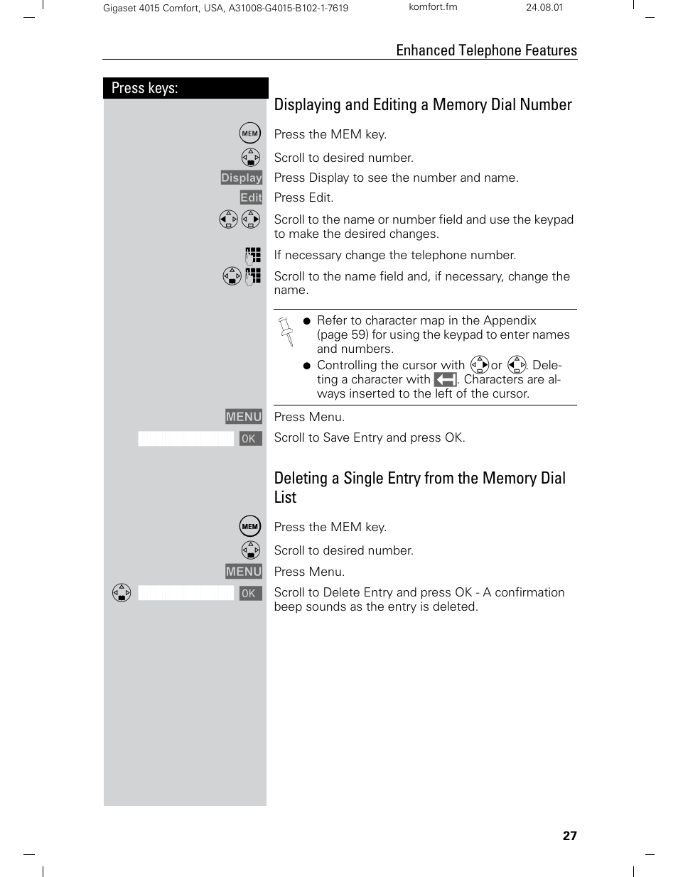 Press keys: enhanced telephone features | Siemens Gigaset 4210 User Manual | Page 33 / 153