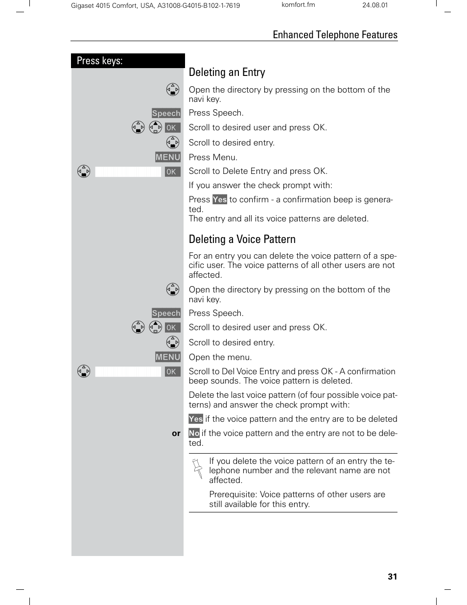 Deleting an entry, Deleting a voice pattern, Press keys: enhanced telephone features | Siemens Gigaset 4210 User Manual | Page 37 / 153