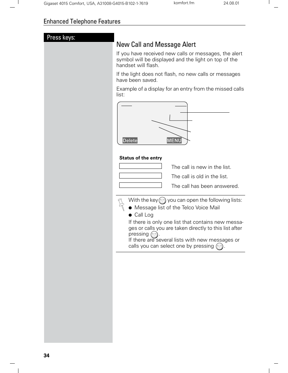 New call and message alert, Press keys: enhanced telephone features | Siemens Gigaset 4210 User Manual | Page 40 / 153