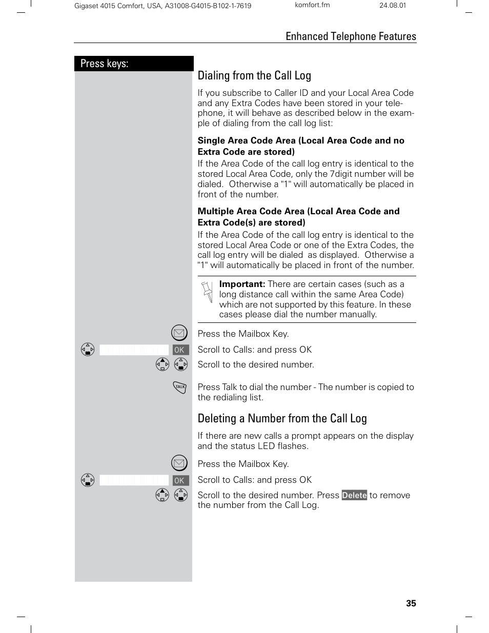 Dialing from the call log, Deleting a number from the call log | Siemens Gigaset 4210 User Manual | Page 41 / 153