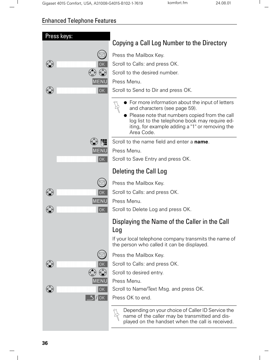 Copying a call log number to the directory, Deleting the call log, Displaying the name of the caller in the call log | Siemens Gigaset 4210 User Manual | Page 42 / 153