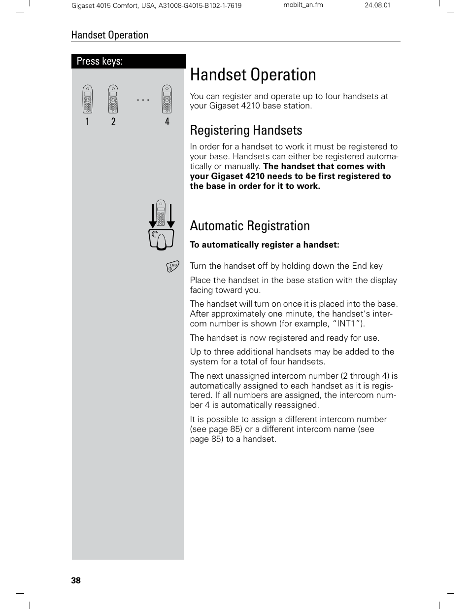 Handset operation | Siemens Gigaset 4210 User Manual | Page 44 / 153