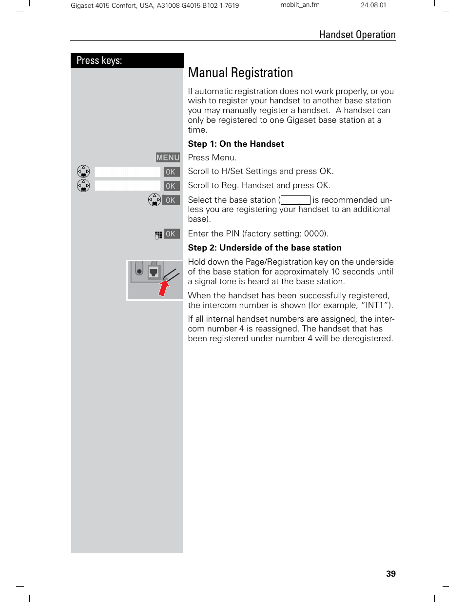 Manual registration, Press keys: handset operation | Siemens Gigaset 4210 User Manual | Page 45 / 153