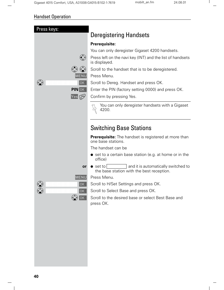 Deregistering handsets, Switching base stations | Siemens Gigaset 4210 User Manual | Page 46 / 153