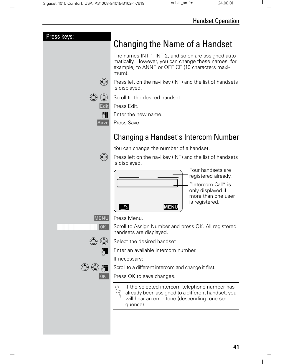 Changing the name of a handset, Changing a handset's intercom number | Siemens Gigaset 4210 User Manual | Page 47 / 153