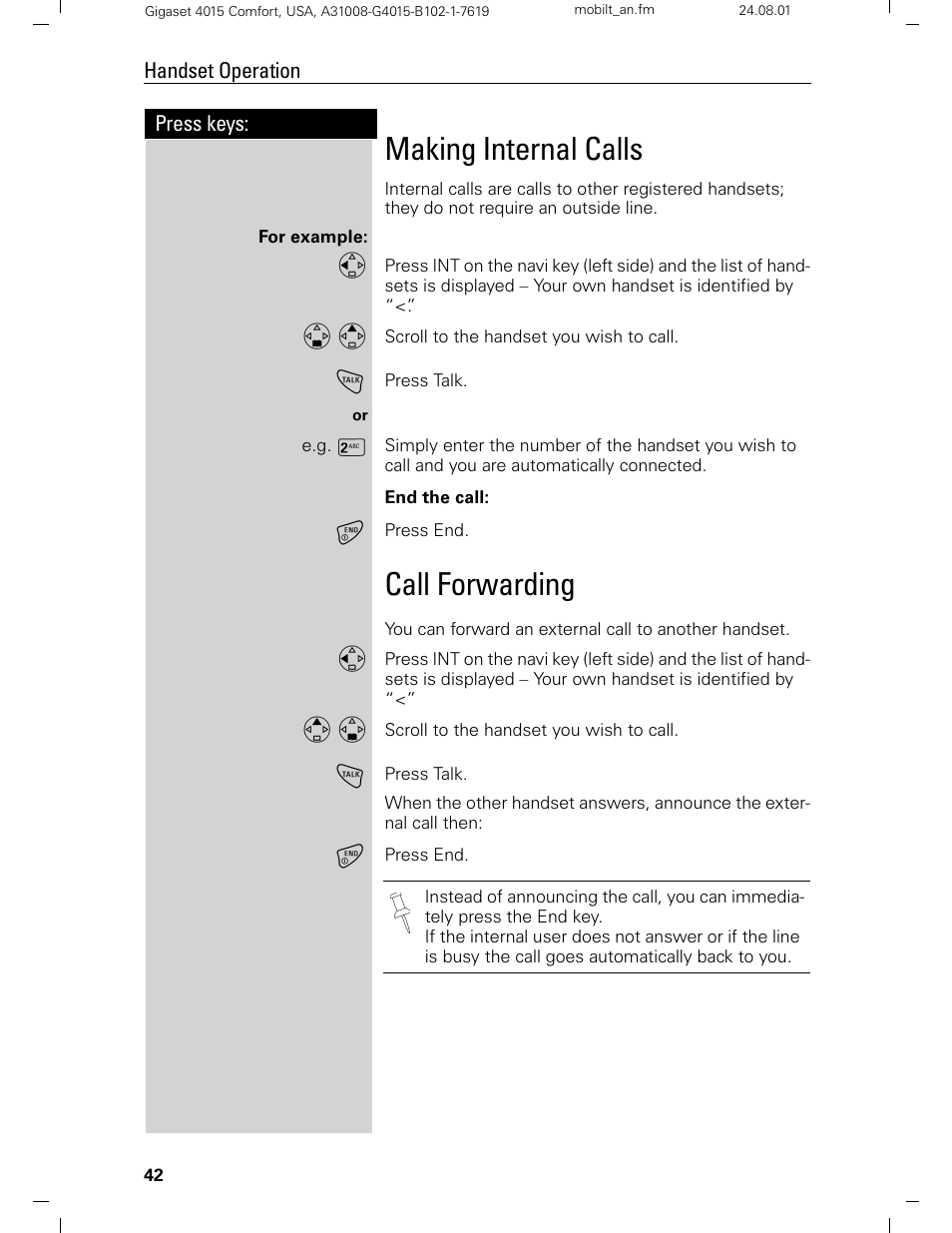 Making internal calls, Call forwarding | Siemens Gigaset 4210 User Manual | Page 48 / 153