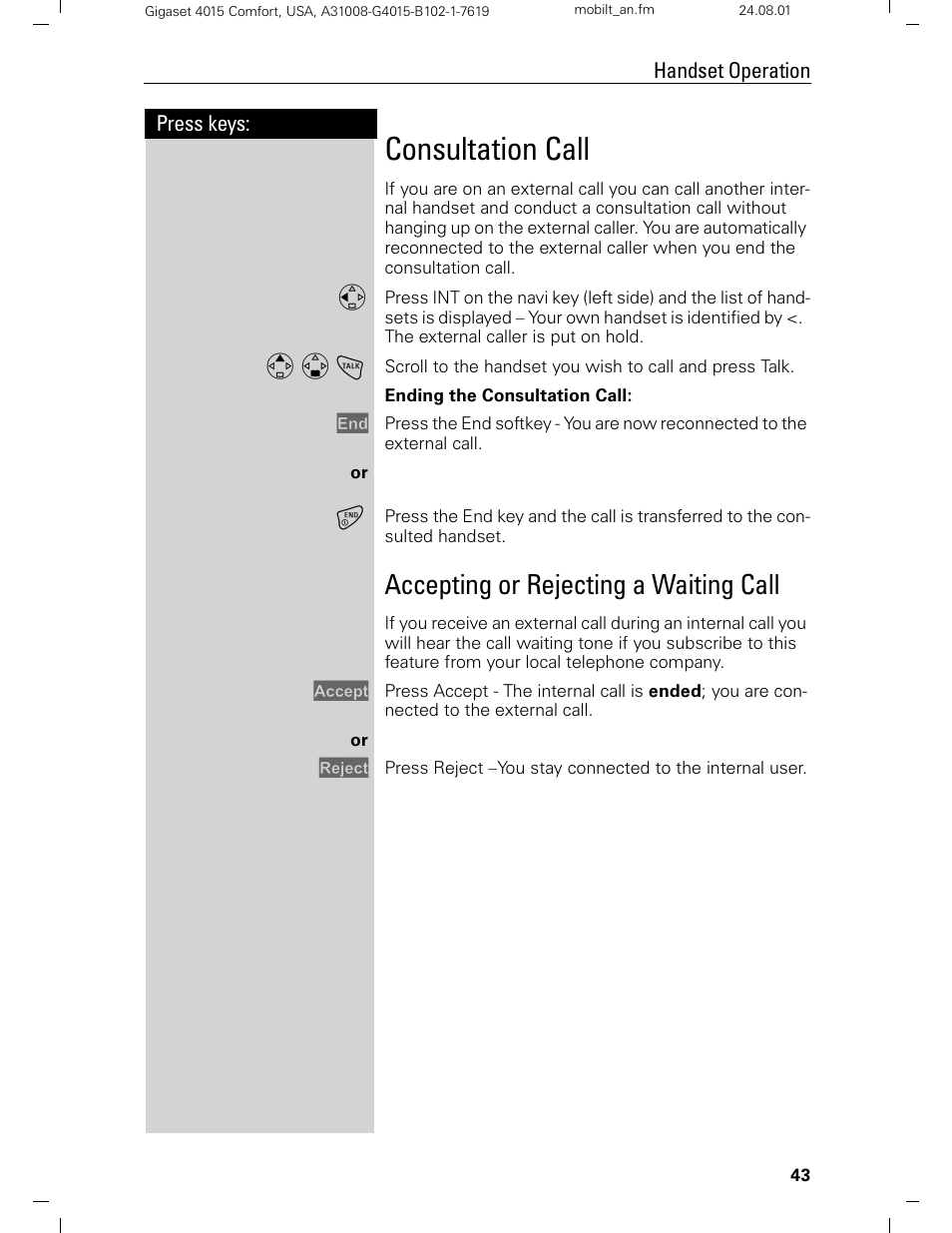 Consultation call, Accepting or rejecting a waiting call | Siemens Gigaset 4210 User Manual | Page 49 / 153