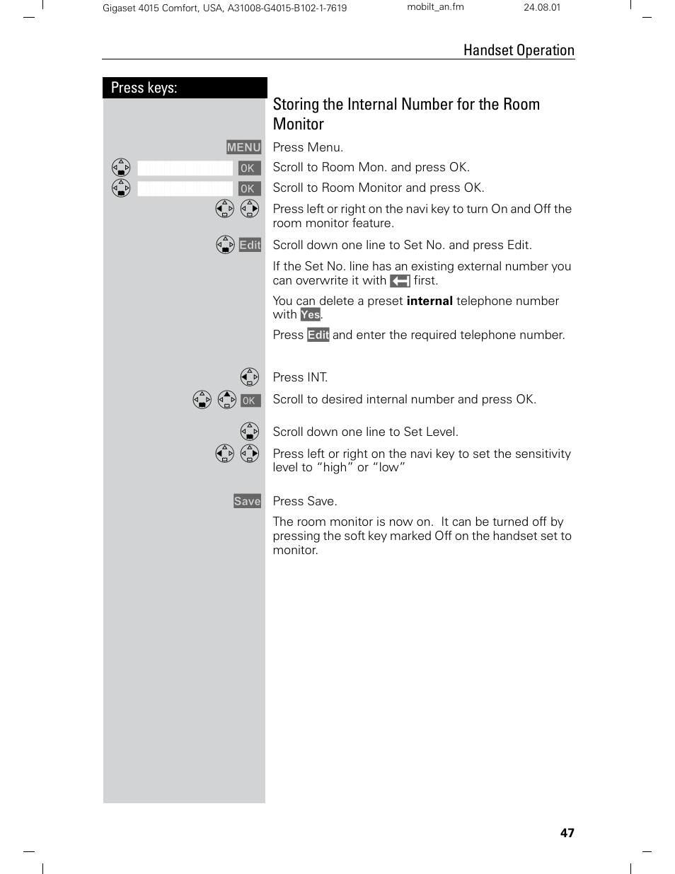 Storing the internal number for the room monitor, Press keys: handset operation | Siemens Gigaset 4210 User Manual | Page 53 / 153