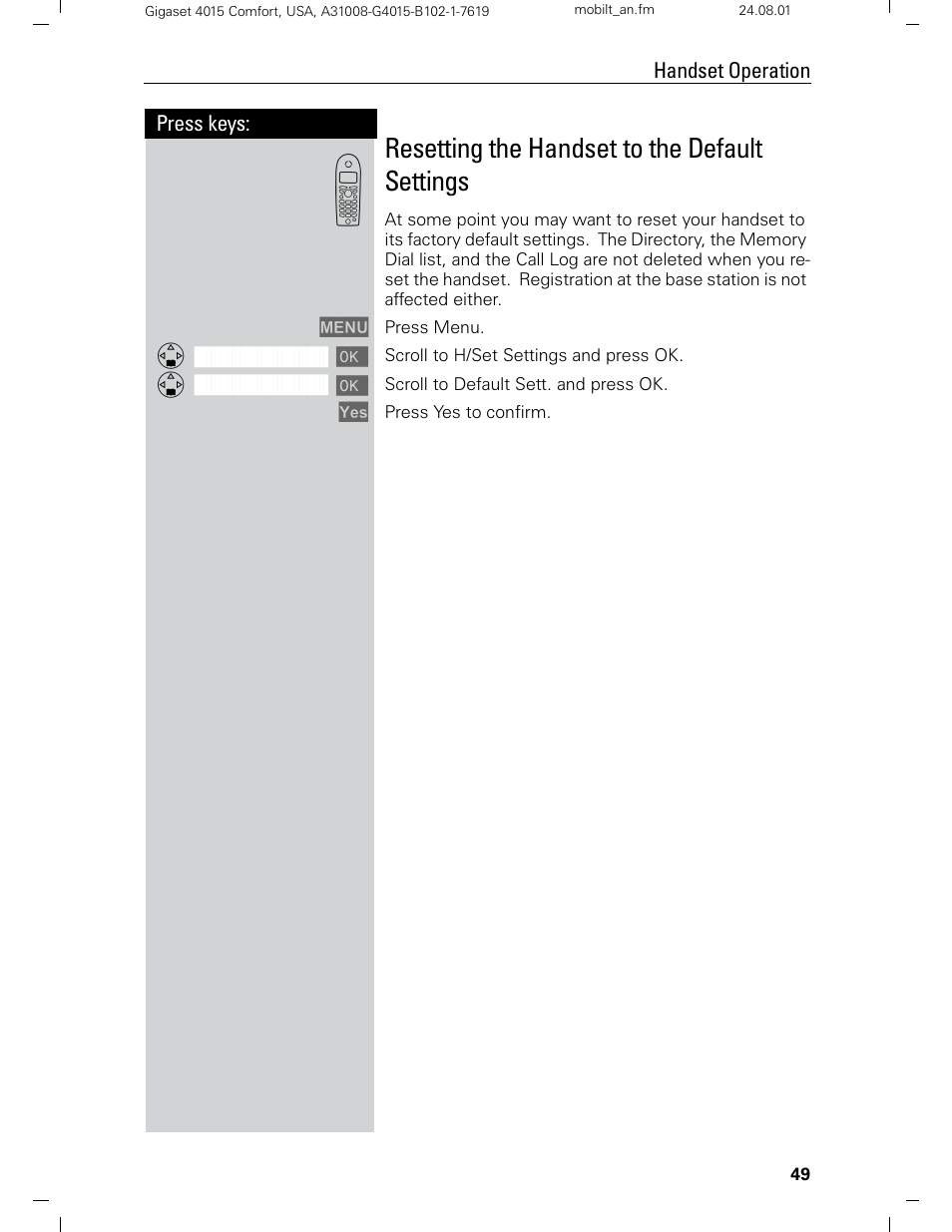 Resetting the handset to the default settings | Siemens Gigaset 4210 User Manual | Page 55 / 153