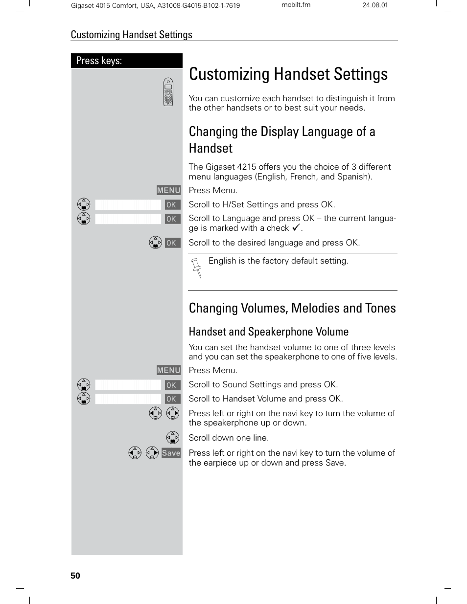 Customizing handset settings, Changing the display language of a handset, Changing volumes, melodies and tones | Handset and speakerphone volume | Siemens Gigaset 4210 User Manual | Page 56 / 153