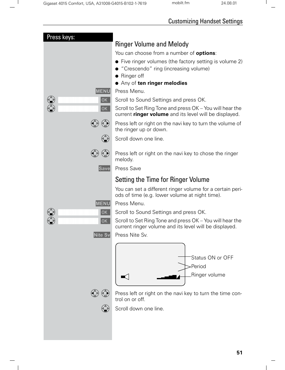 Ringer volume and melody, Setting the time for ringer volume, Press keys: customizing handset settings | Siemens Gigaset 4210 User Manual | Page 57 / 153