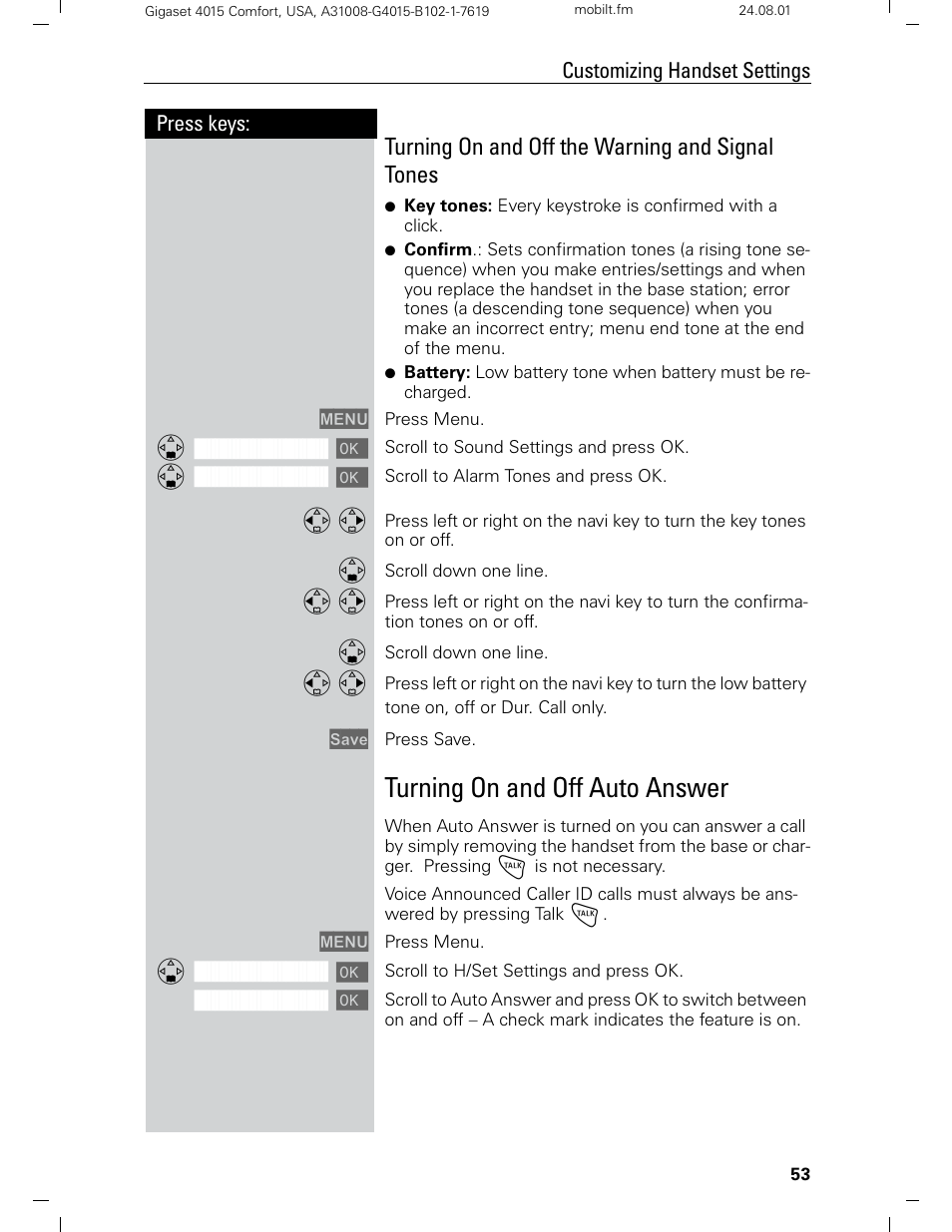 Turning on and off auto answer, Turning on and off the warning and signal tones | Siemens Gigaset 4210 User Manual | Page 59 / 153