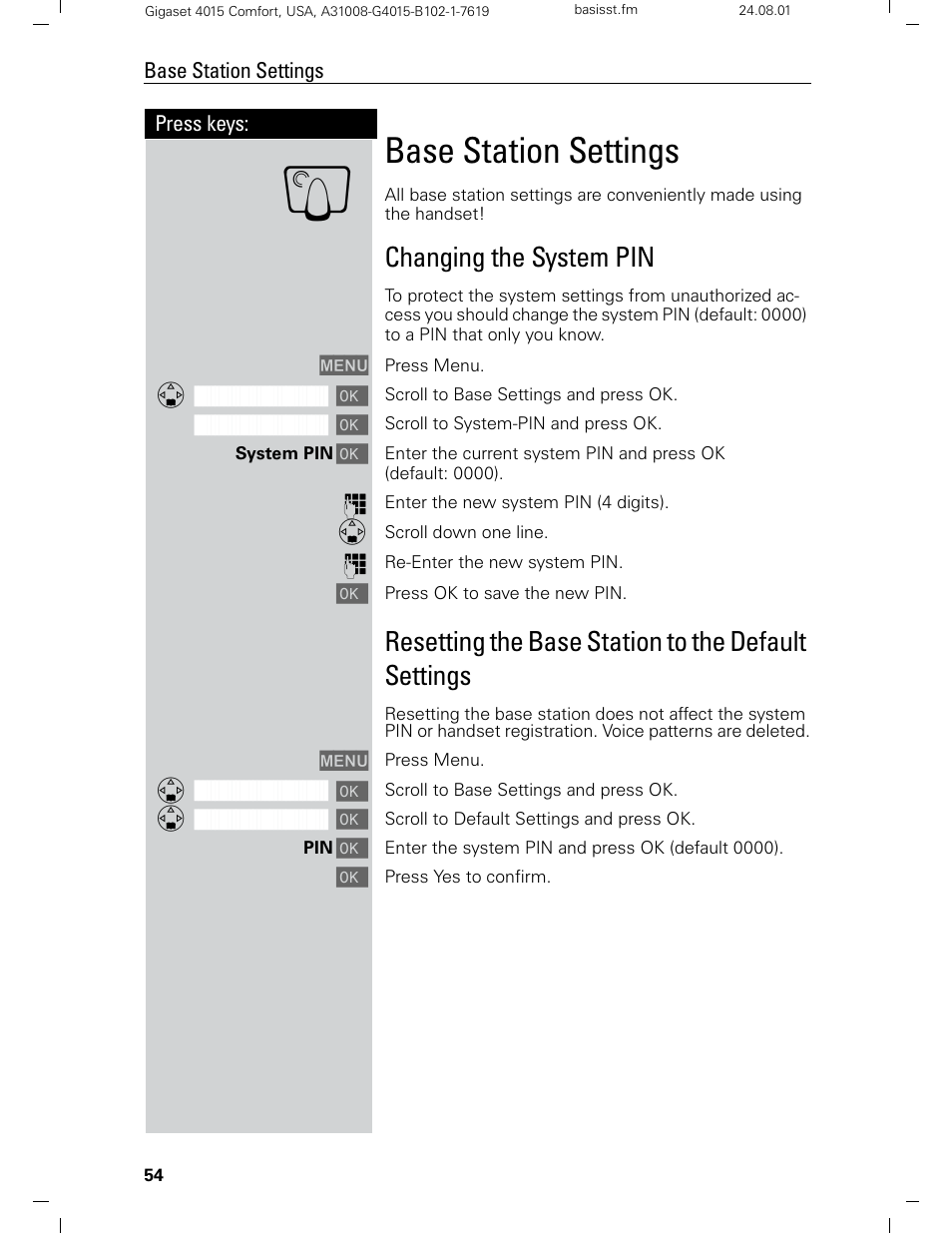 Base station settings, Changing the system pin, Resetting the base station to the default settings | Siemens Gigaset 4210 User Manual | Page 60 / 153