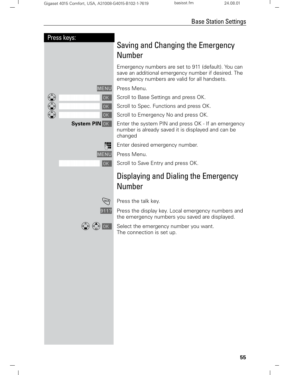 Saving and changing the emergency number, Displaying and dialing the emergency number | Siemens Gigaset 4210 User Manual | Page 61 / 153