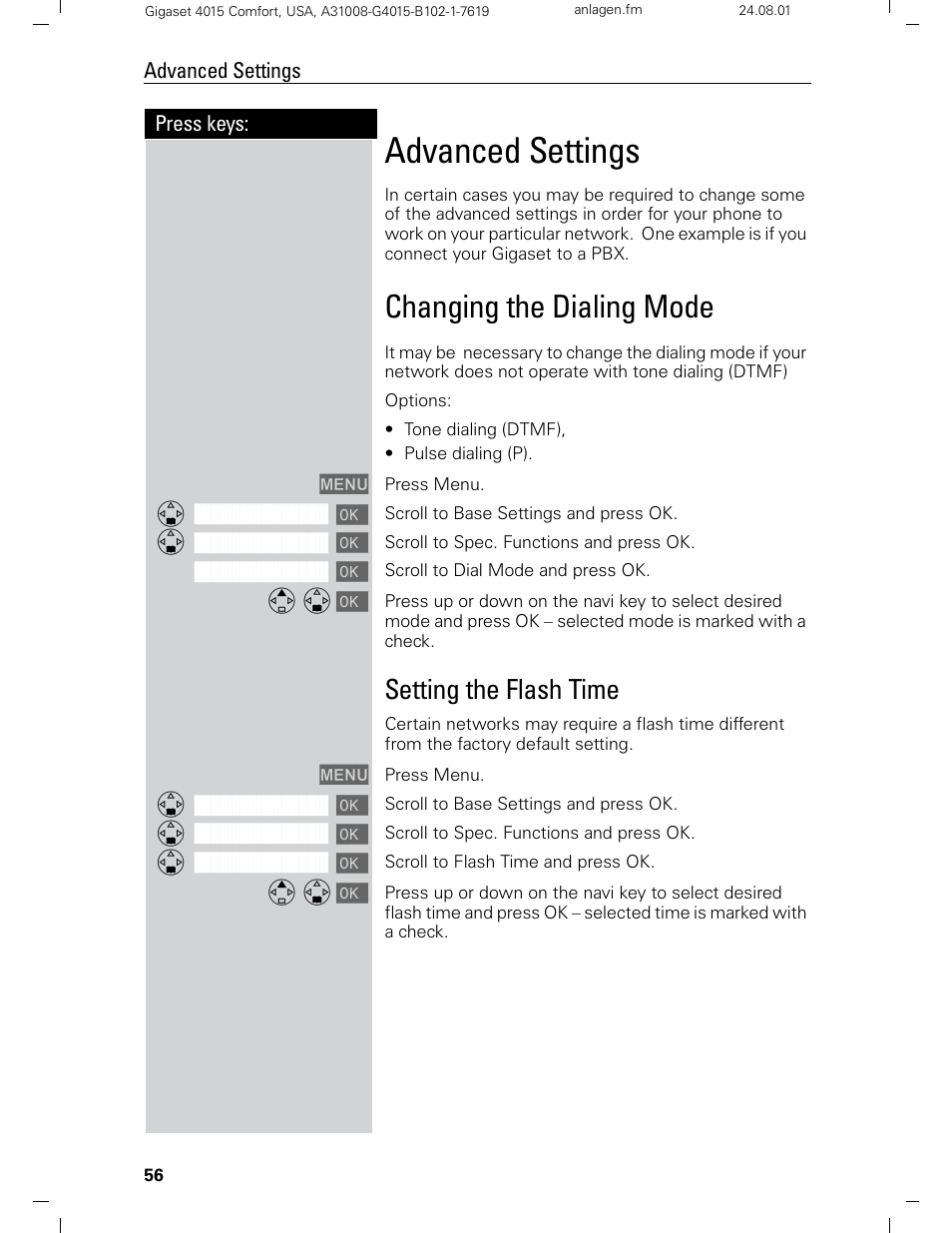 Advanced settings, Changing the dialing mode, Setting the flash time | Siemens Gigaset 4210 User Manual | Page 62 / 153