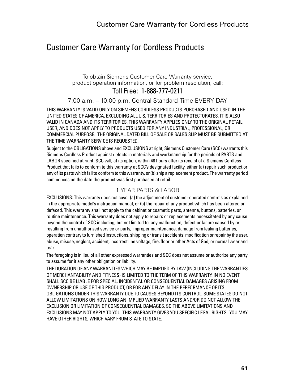 Customer care warranty for cordless products | Siemens Gigaset 4210 User Manual | Page 67 / 153