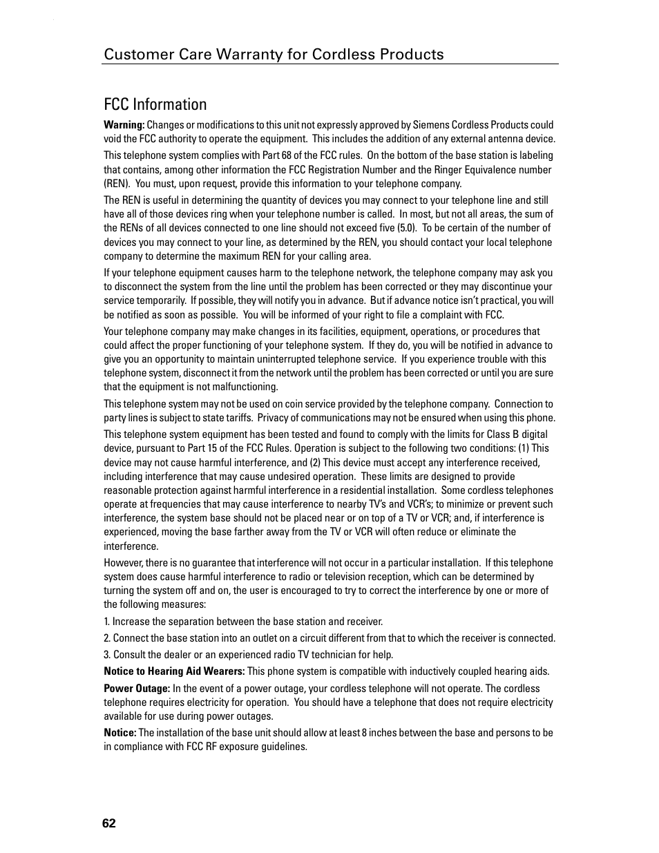 Fcc information, Customer care warranty for cordless products | Siemens Gigaset 4210 User Manual | Page 68 / 153