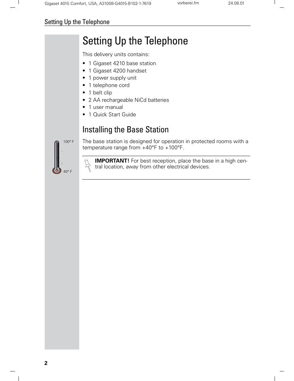 Setting up the telephone, Installing the base station | Siemens Gigaset 4210 User Manual | Page 8 / 153