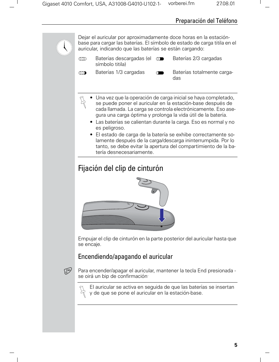 Fijación del clip de cinturón, Encendiendo/apagando el auricular | Siemens Gigaset 4210 User Manual | Page 82 / 153