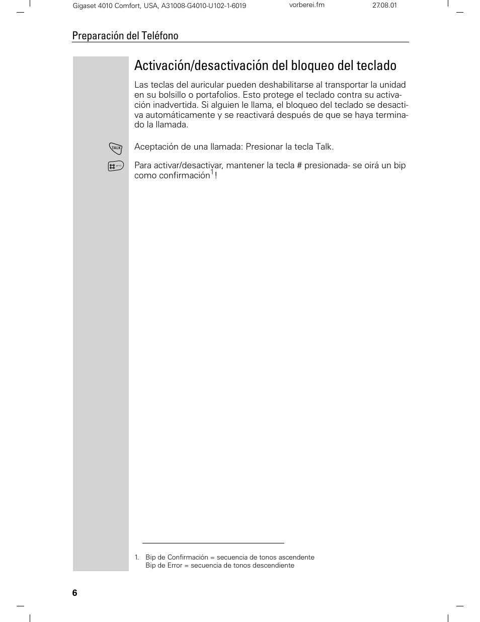 Activación/desactivación del bloqueo del teclado | Siemens Gigaset 4210 User Manual | Page 83 / 153