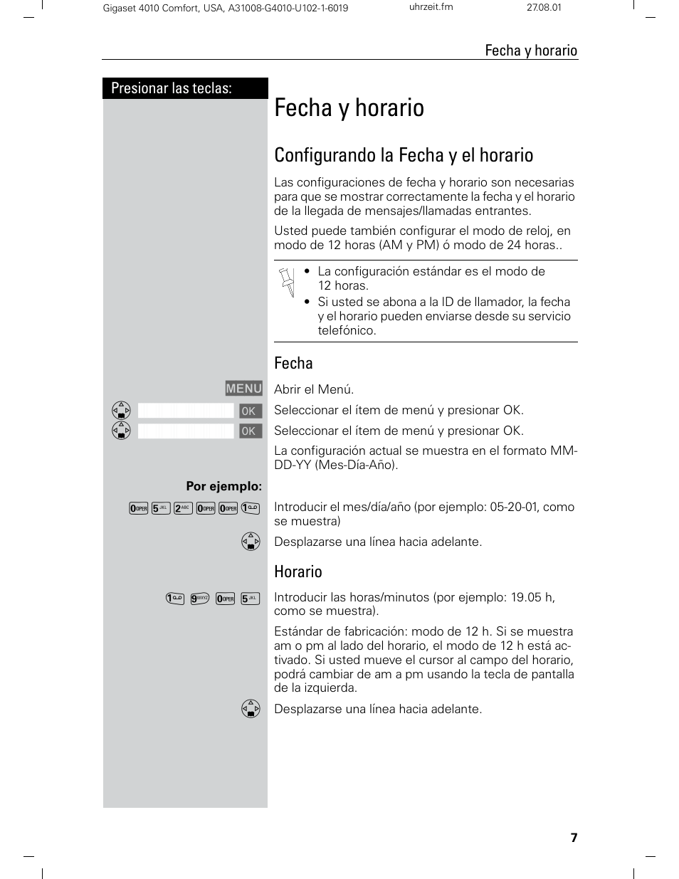 Fecha y horario, Configurando la fecha y el horario, Fecha | Horario | Siemens Gigaset 4210 User Manual | Page 84 / 153