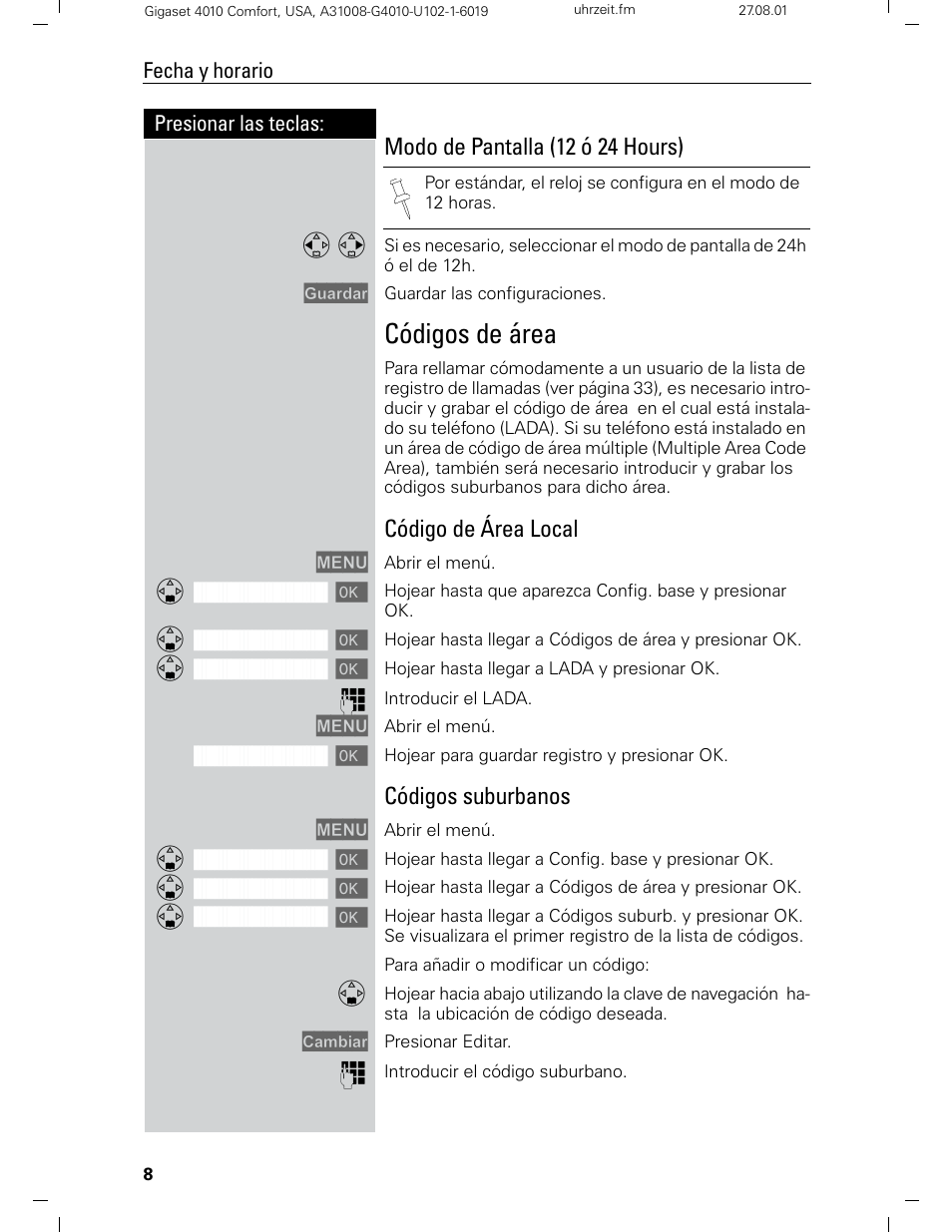 Códigos de área, Modo de pantalla (12 ó 24 hours), Código de área local | Códigos suburbanos | Siemens Gigaset 4210 User Manual | Page 85 / 153