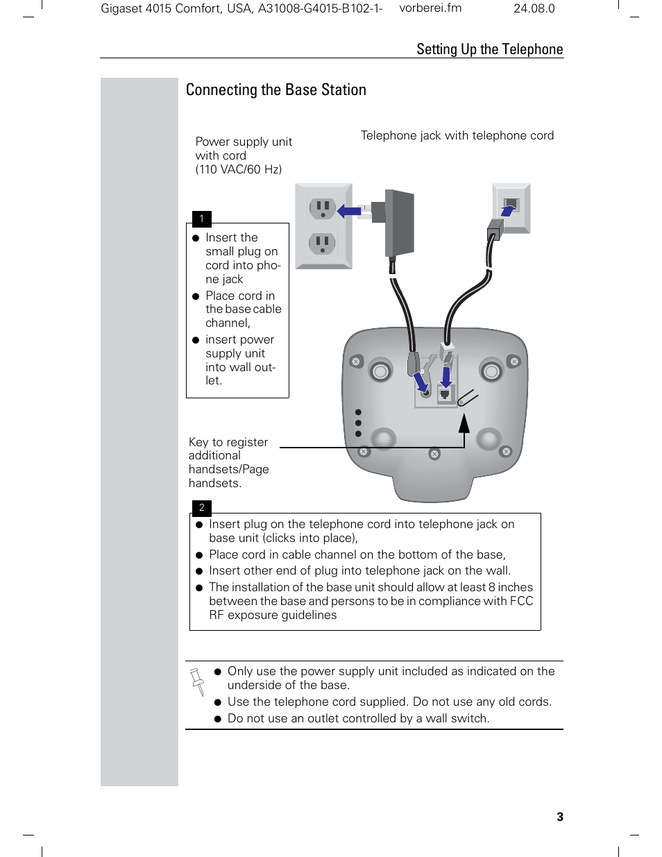 Connecting the base station, Setting up the telephone | Siemens Gigaset 4210 User Manual | Page 9 / 153