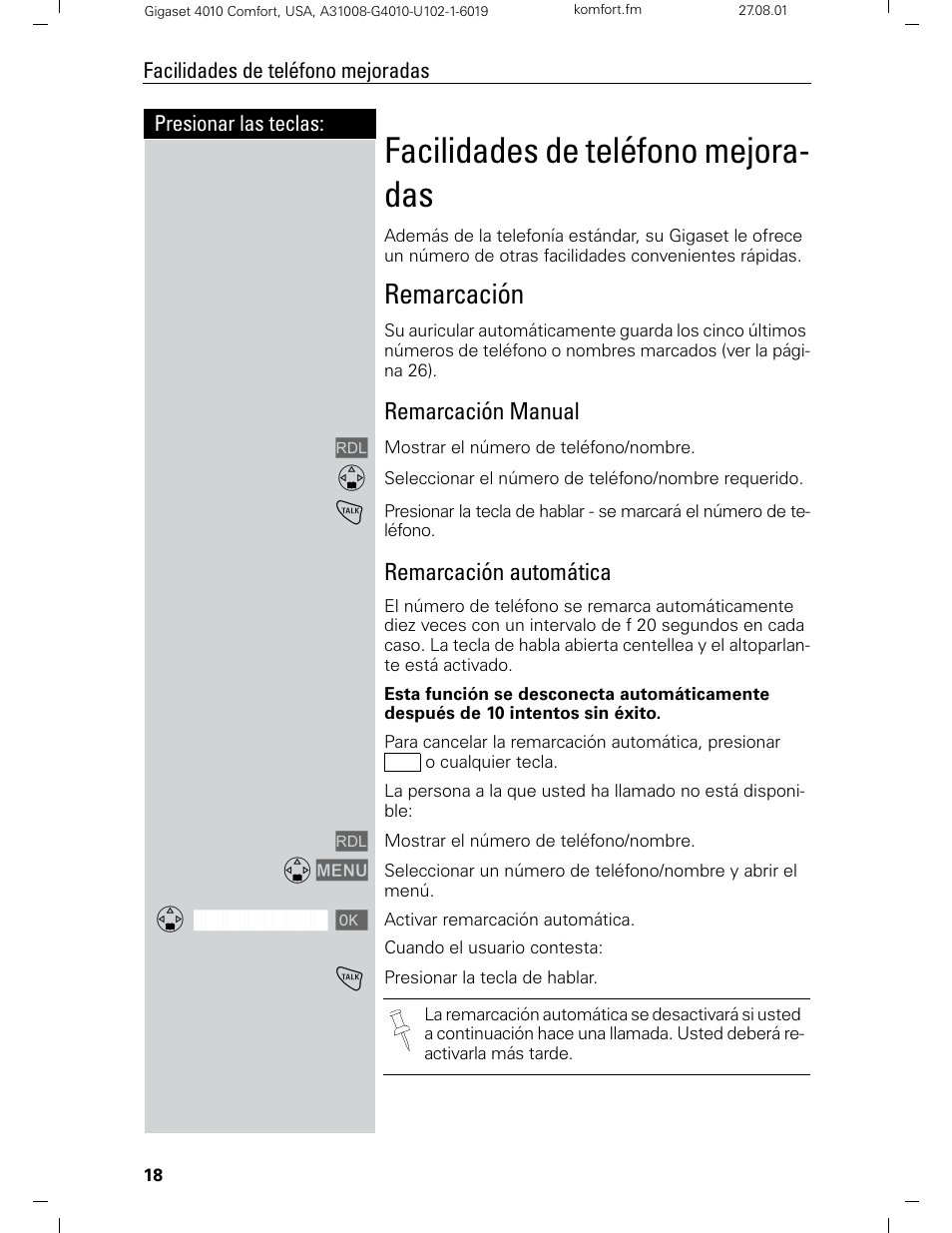 Facilidades de teléfono mejora- das, Remarcación, Remarcación manual | Remarcación automática | Siemens Gigaset 4210 User Manual | Page 95 / 153