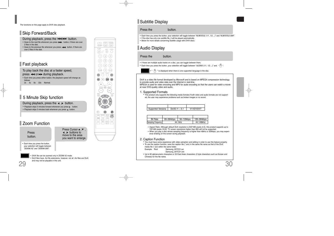 Divx playback, Fast playback, Skip forward/back | Zoom function, 5 minute skip function, Subtitle display, Audio display | Siemens HT-Q100 User Manual | Page 16 / 35