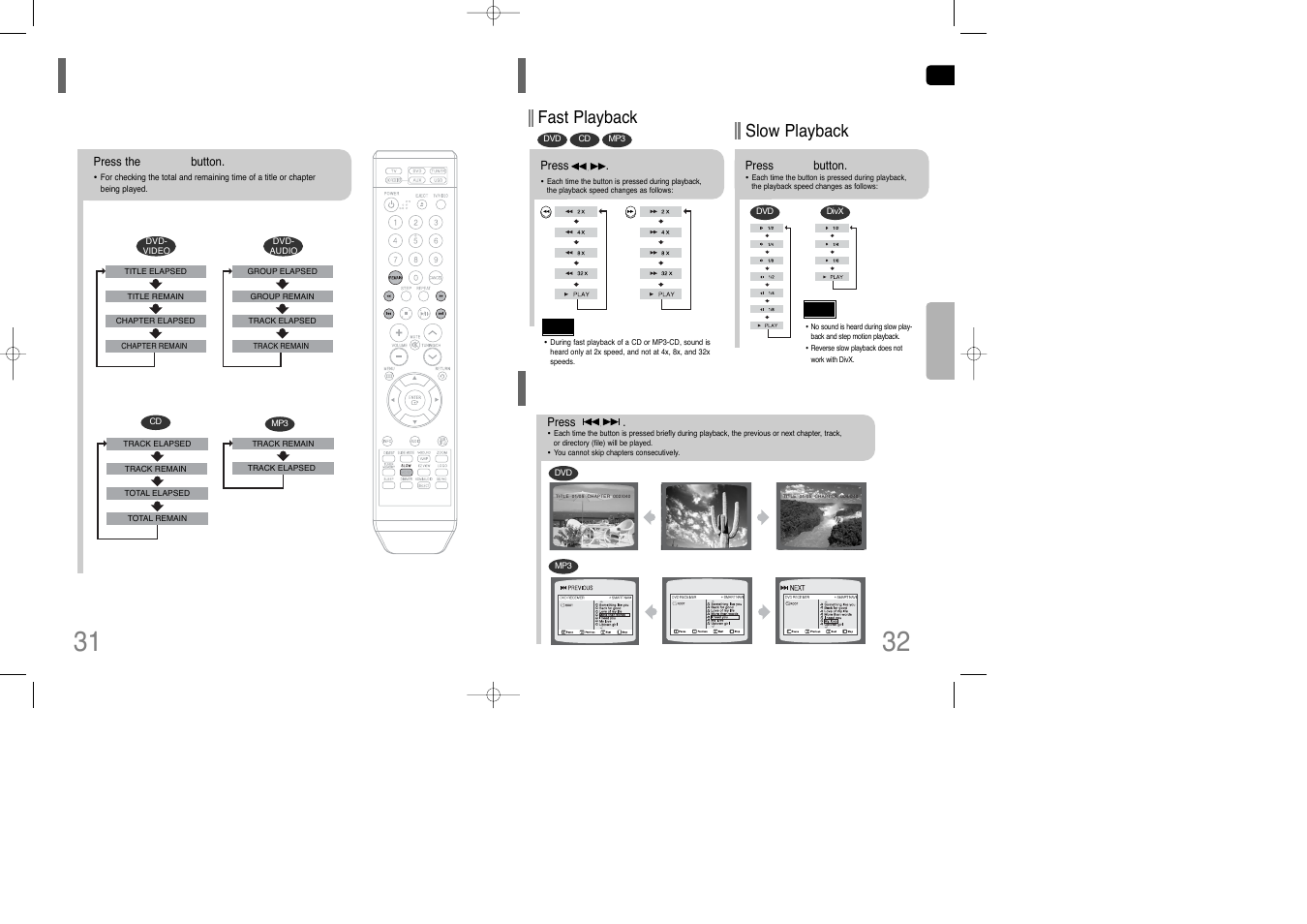 Checking the remaining time, Fast/slow playback, Skipping scenes/songs | Fast/slow playback skipping scenes/songs, Fast playback, Slow playback | Siemens HT-Q100 User Manual | Page 17 / 35