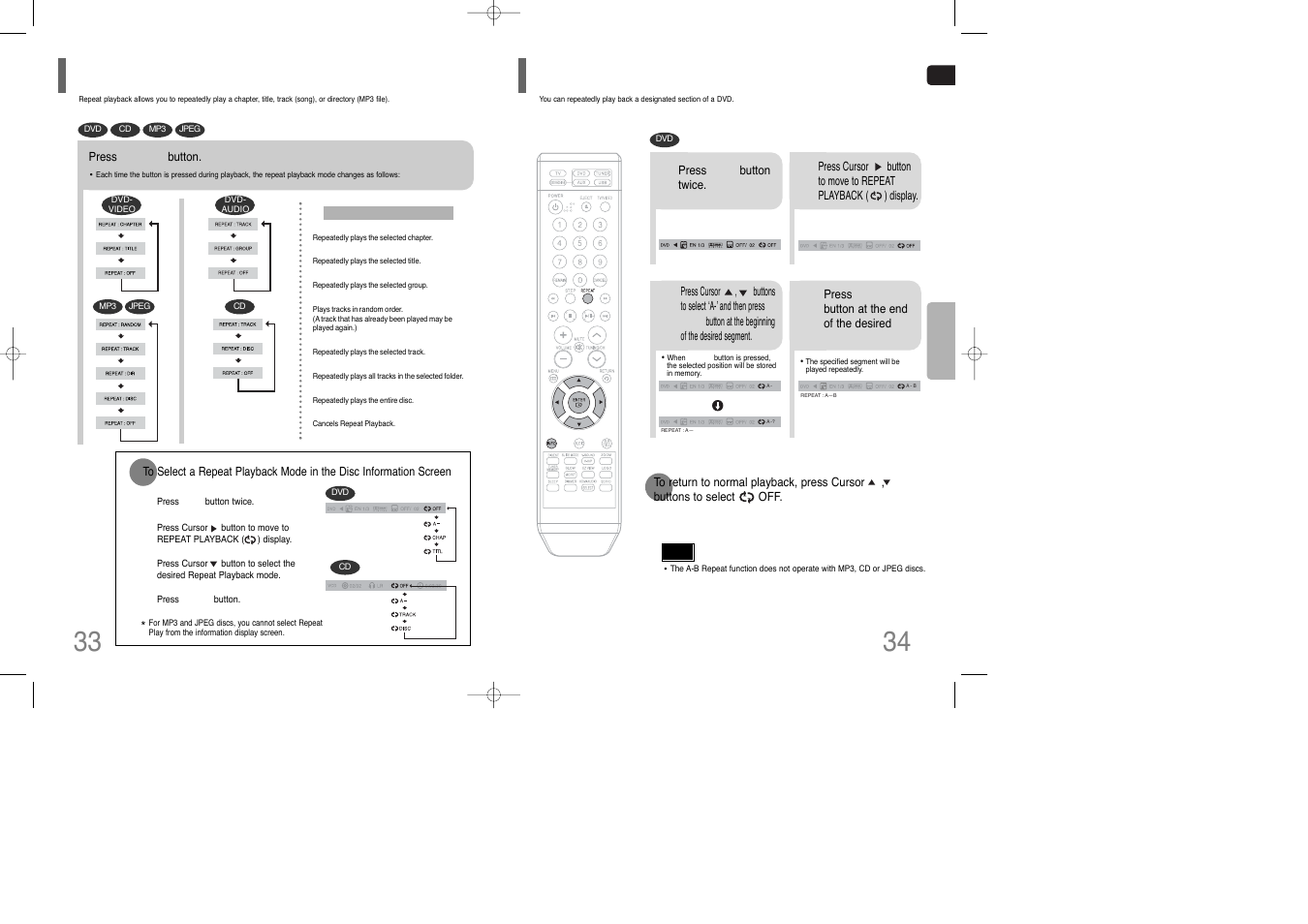 Repeat playback, A-b repeat playback, Repeat playback a-b repeat playback | Siemens HT-Q100 User Manual | Page 18 / 35