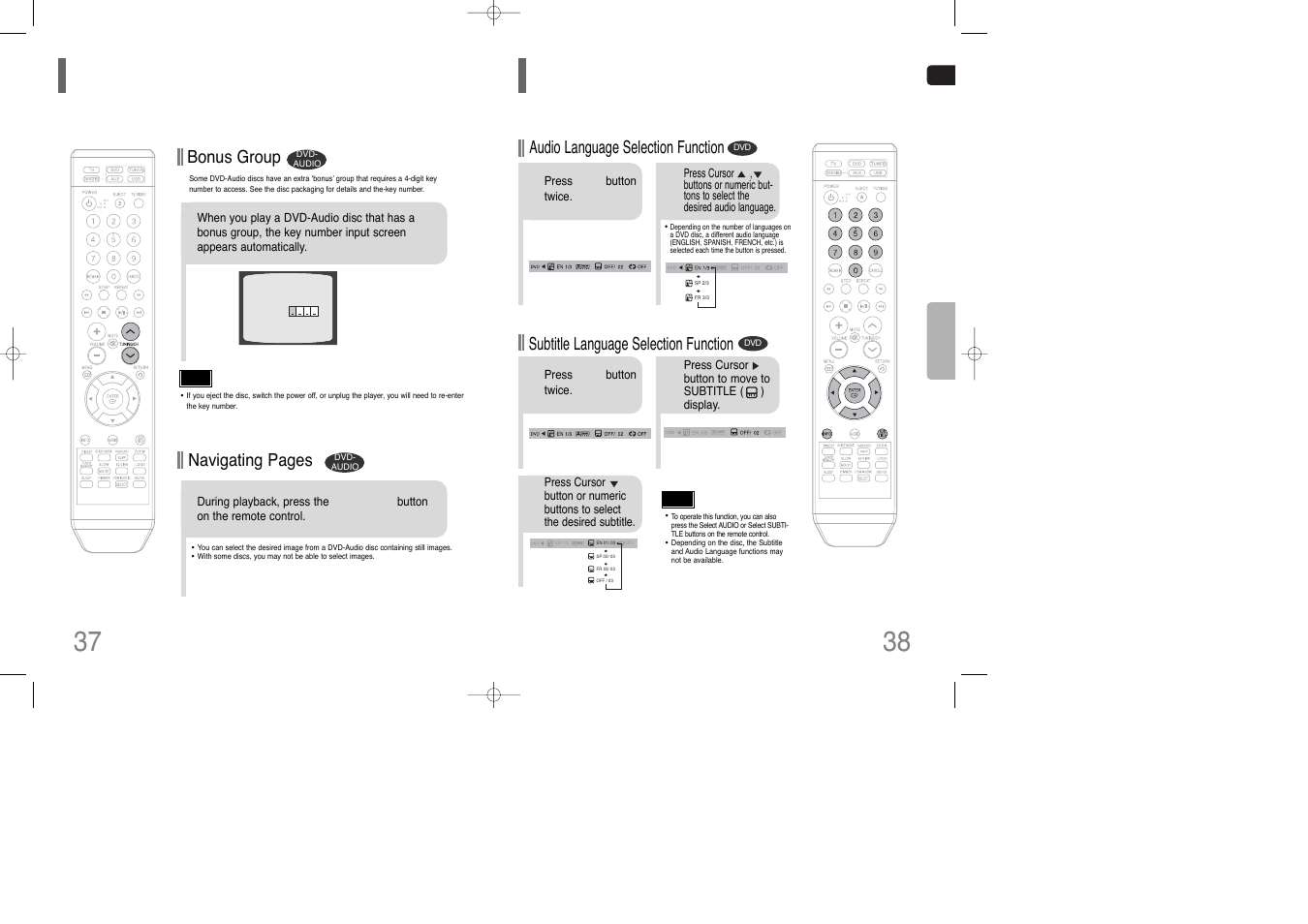 Selecting audio/subtitle language, Bonus group / navigating pages 38 37 | Siemens HT-Q100 User Manual | Page 20 / 35