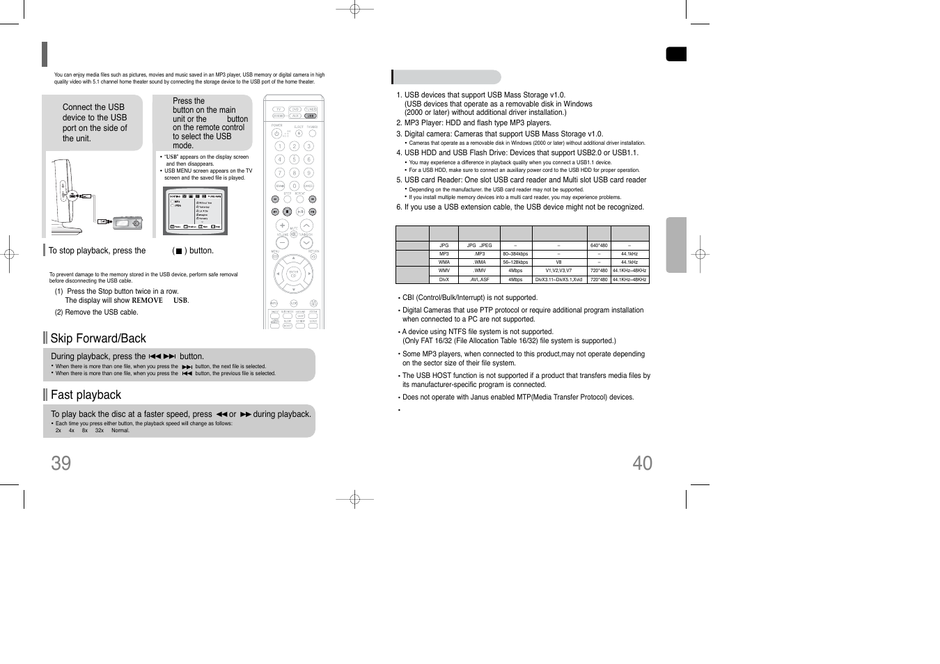 Playing media files using the usb host feature, Fast playback skip forward/back | Siemens HT-Q100 User Manual | Page 21 / 35