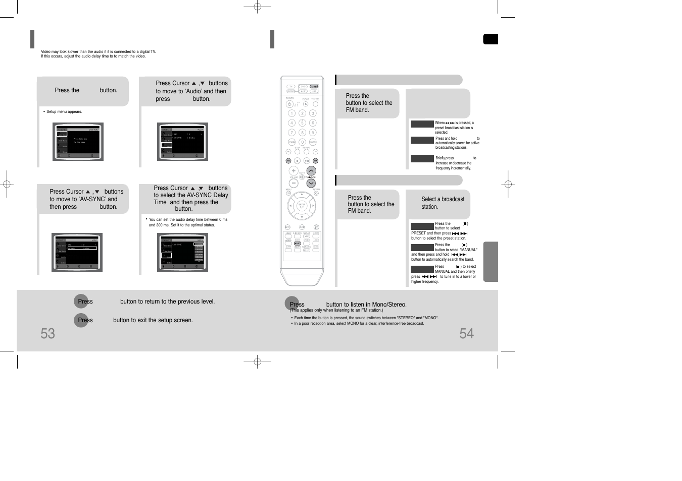 Presetting stations, Av sync setup, Listening to radio | Siemens HT-Q100 User Manual | Page 28 / 35